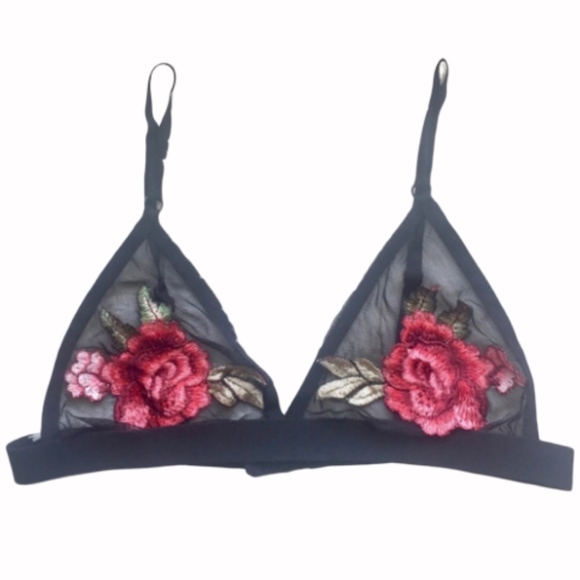 Other - Black Floral Applique Sheer Mesh Bralette